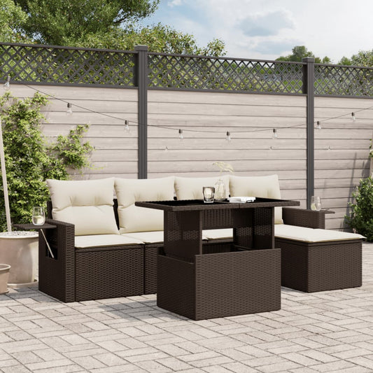 6-tlg. Garten-Sofagarnitur mit Kissen Braun Poly Rattan