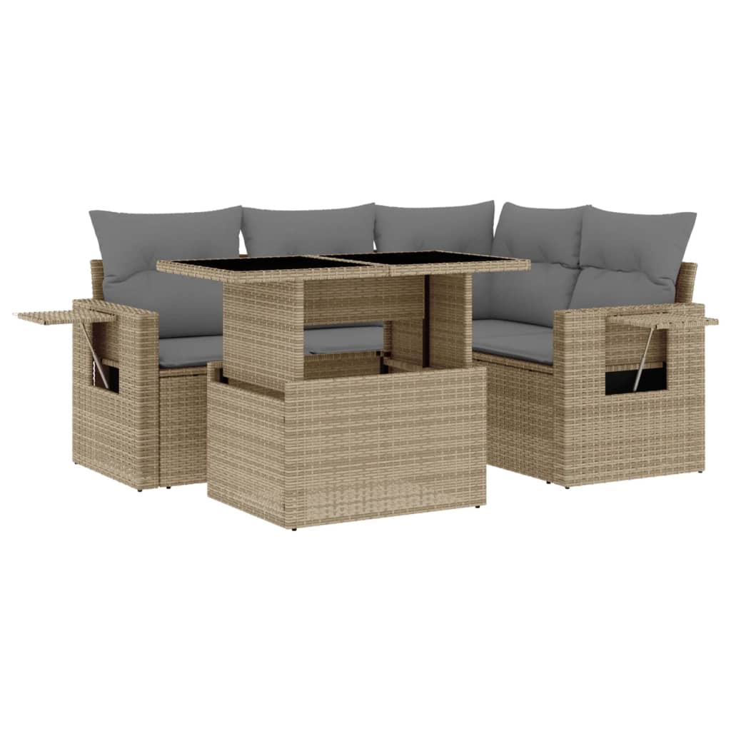 5-tlg. Garten-Sofagarnitur mit Kissen Beige Poly Rattan