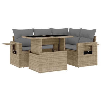 5-tlg. Garten-Sofagarnitur mit Kissen Beige Poly Rattan