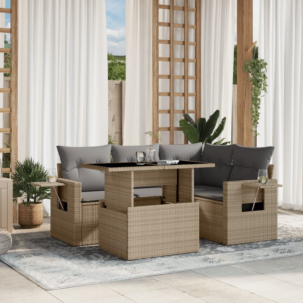 5-tlg. Garten-Sofagarnitur mit Kissen Beige Poly Rattan