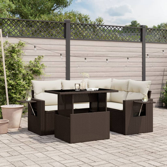 5-tlg. Garten-Sofagarnitur mit Kissen Braun Poly Rattan