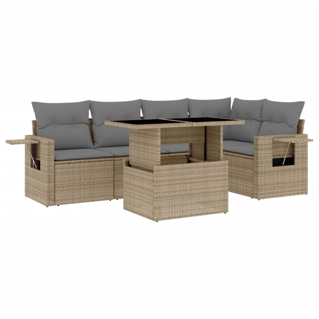 6-tlg. Garten-Sofagarnitur mit Kissen Beige Poly Rattan