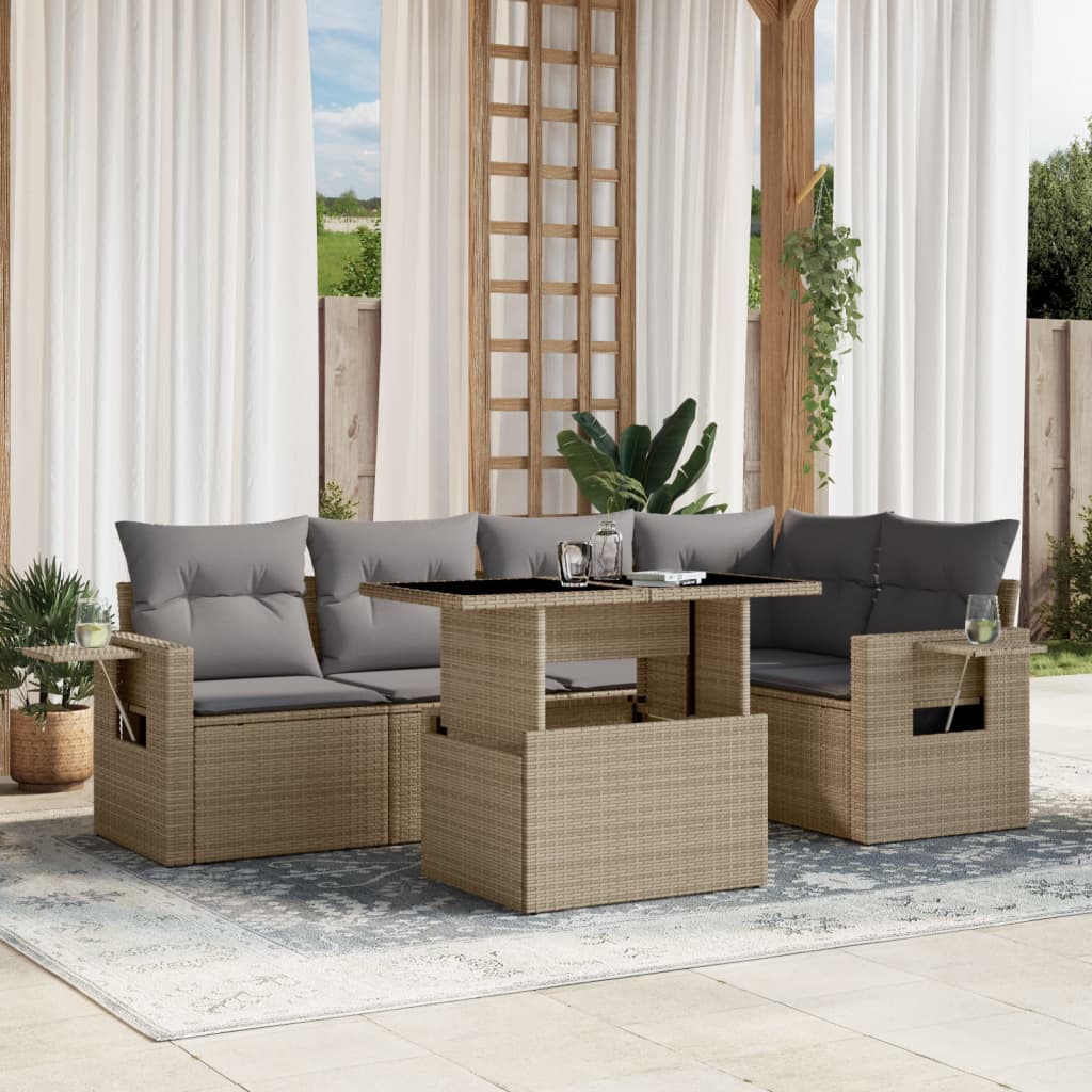 6-tlg. Garten-Sofagarnitur mit Kissen Beige Poly Rattan