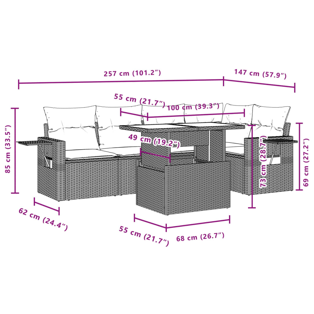 6-tlg. Garten-Sofagarnitur mit Kissen Hellgrau Poly Rattan