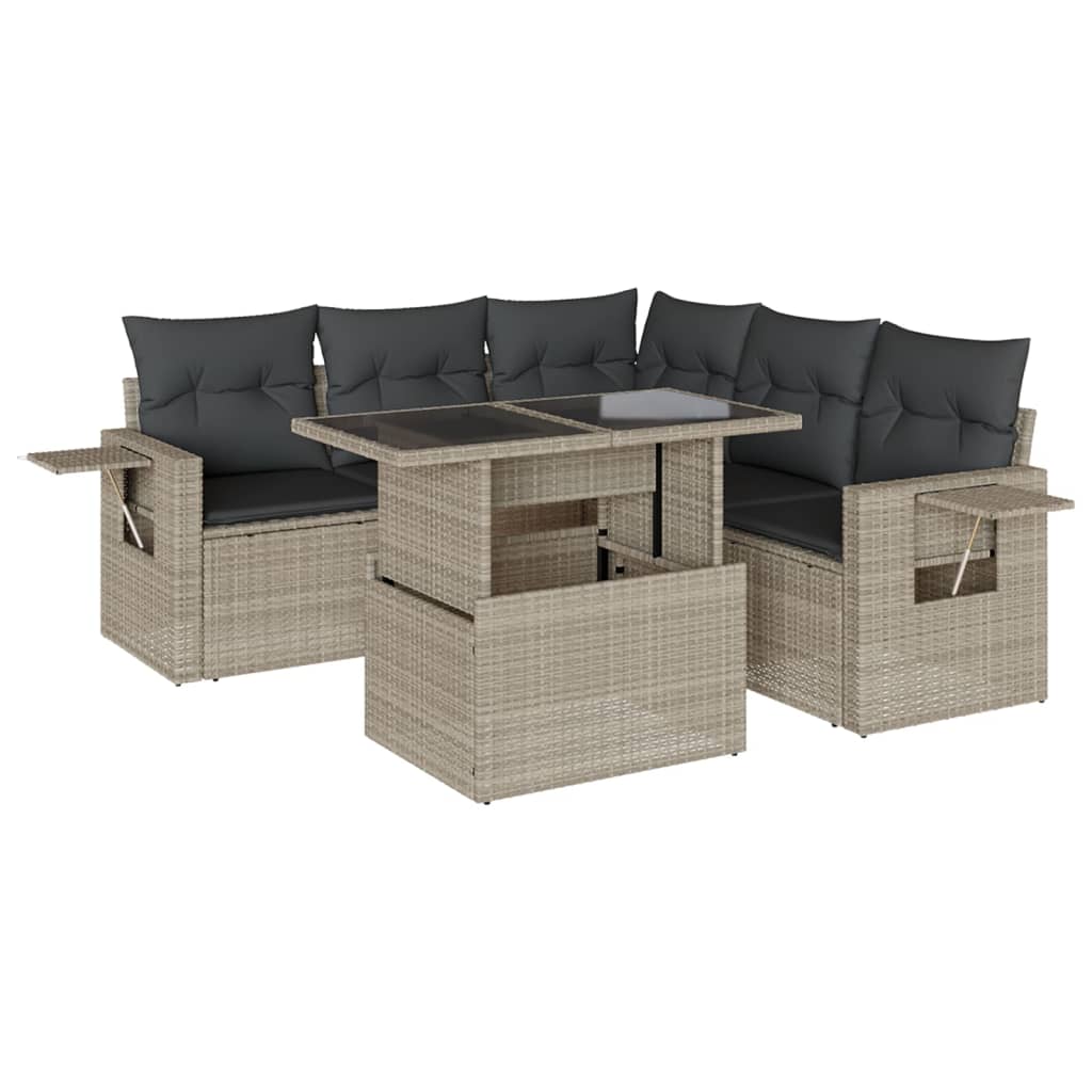 6-tlg. Garten-Sofagarnitur mit Kissen Hellgrau Poly Rattan