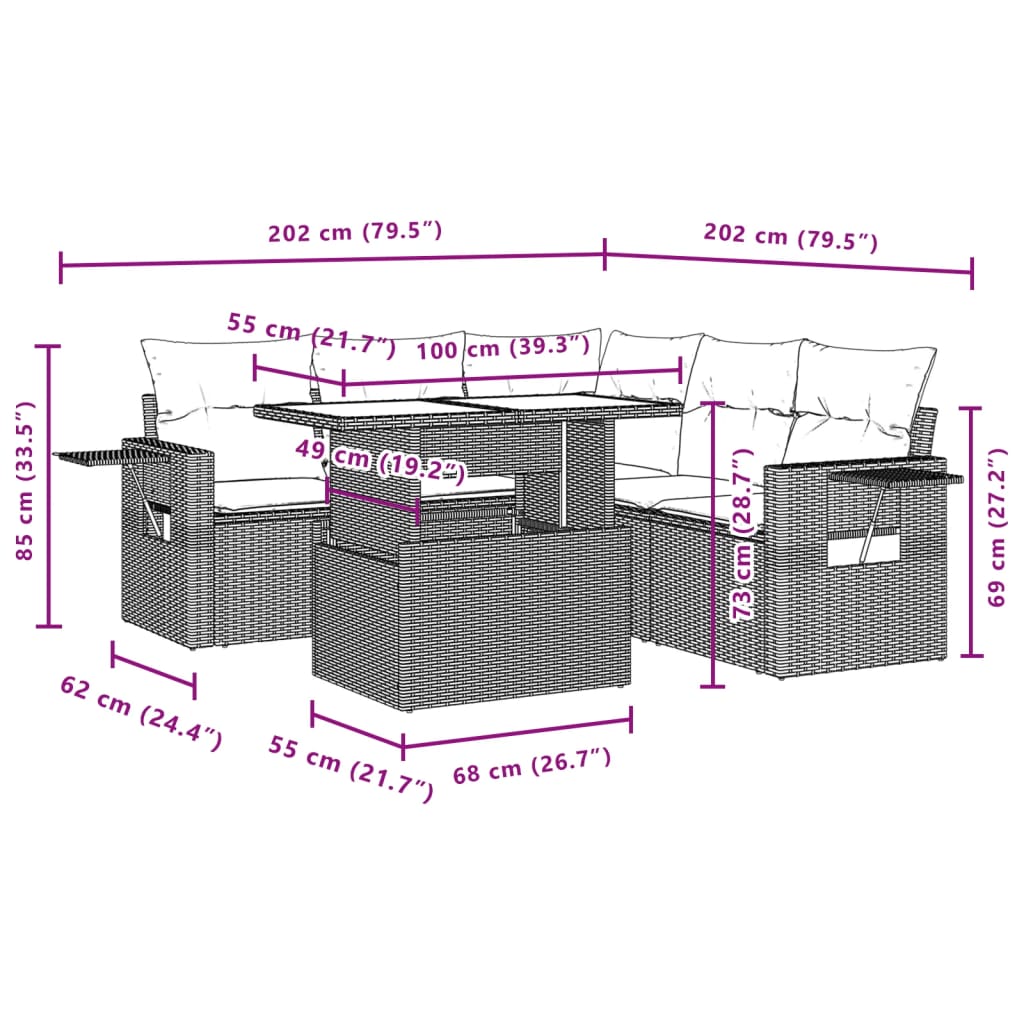 6-tlg. Garten-Sofagarnitur mit Kissen Hellgrau Poly Rattan