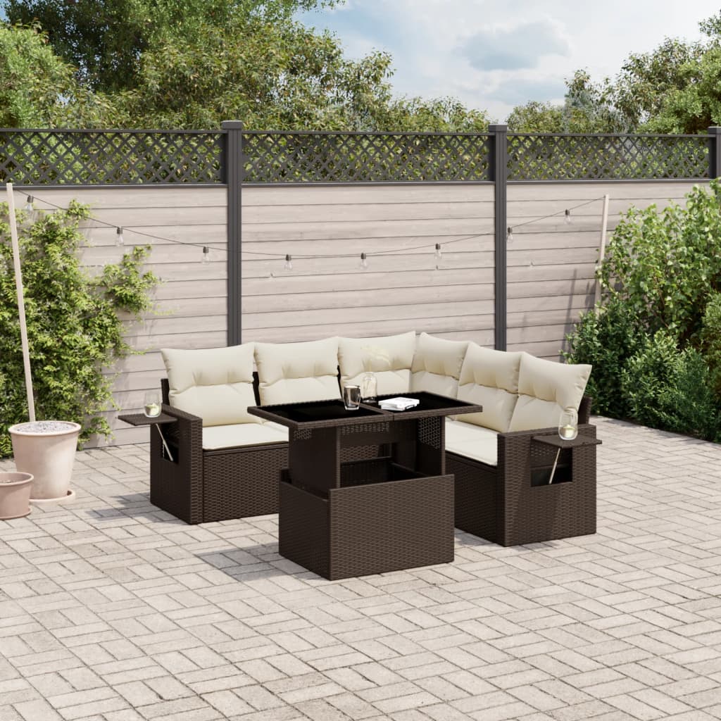 6-tlg. Garten-Sofagarnitur mit Kissen Braun Poly Rattan