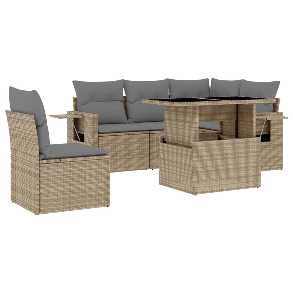 6-tlg. Garten-Sofagarnitur mit Kissen Beige Poly Rattan