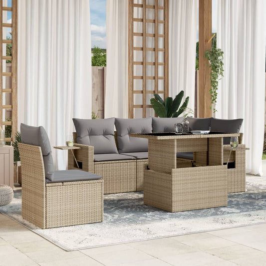 6-tlg. Garten-Sofagarnitur mit Kissen Beige Poly Rattan