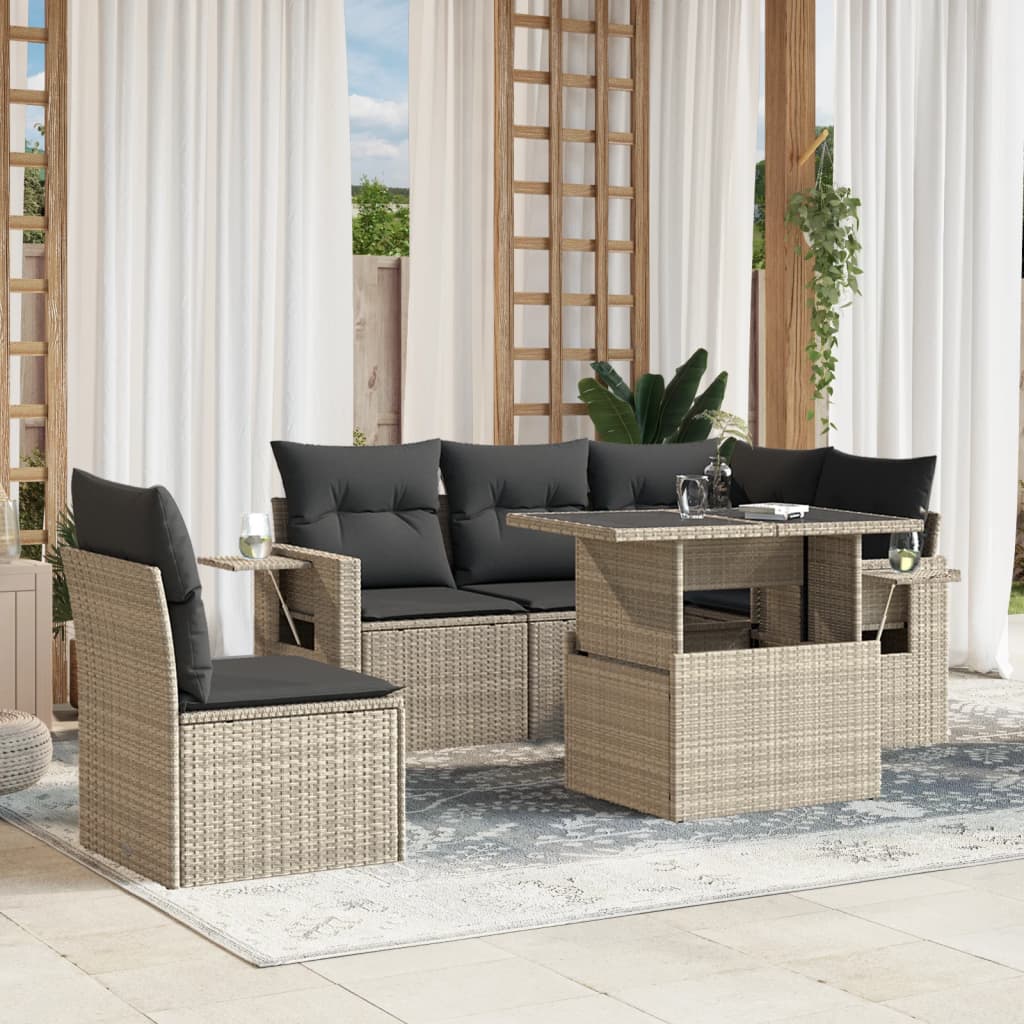 6-tlg. Garten-Sofagarnitur mit Kissen Hellgrau Poly Rattan