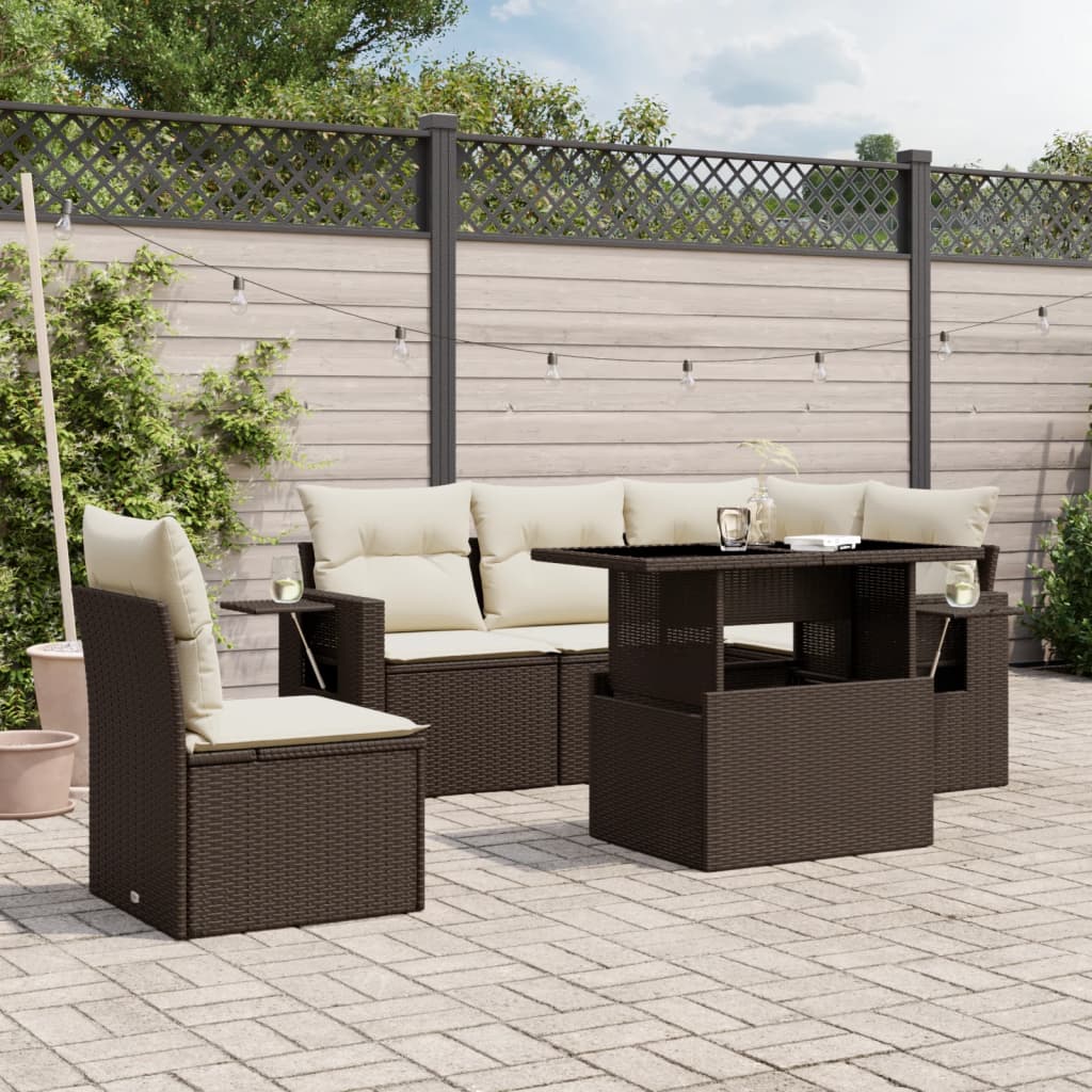 6-tlg. Garten-Sofagarnitur mit Kissen Braun Poly Rattan