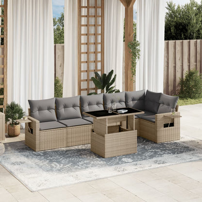 7-tlg. Garten-Sofagarnitur mit Kissen Beige Poly Rattan