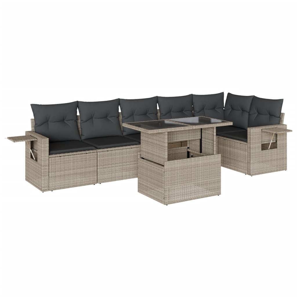 7-tlg. Garten-Sofagarnitur mit Kissen Hellgrau Poly Rattan