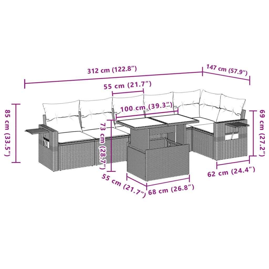 7-tlg. Garten-Sofagarnitur mit Kissen Hellgrau Poly Rattan