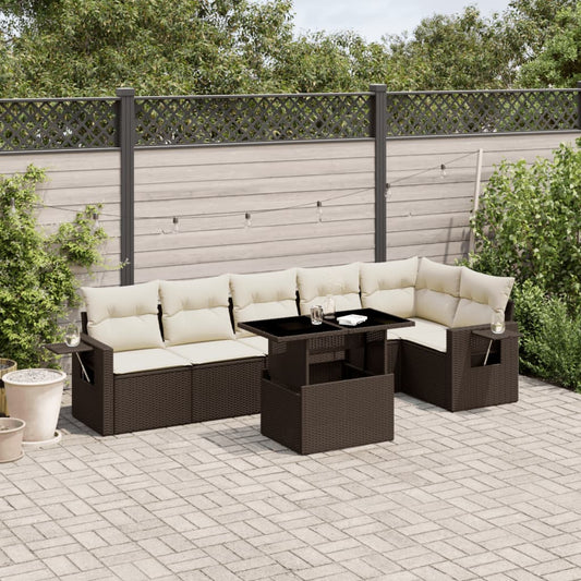 7-tlg. Garten-Sofagarnitur mit Kissen Braun Poly Rattan