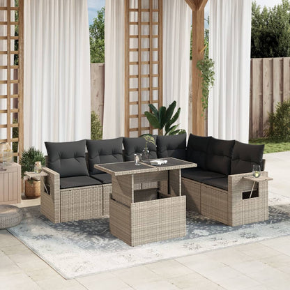 7-tlg. Garten-Sofagarnitur mit Kissen Hellgrau Poly Rattan