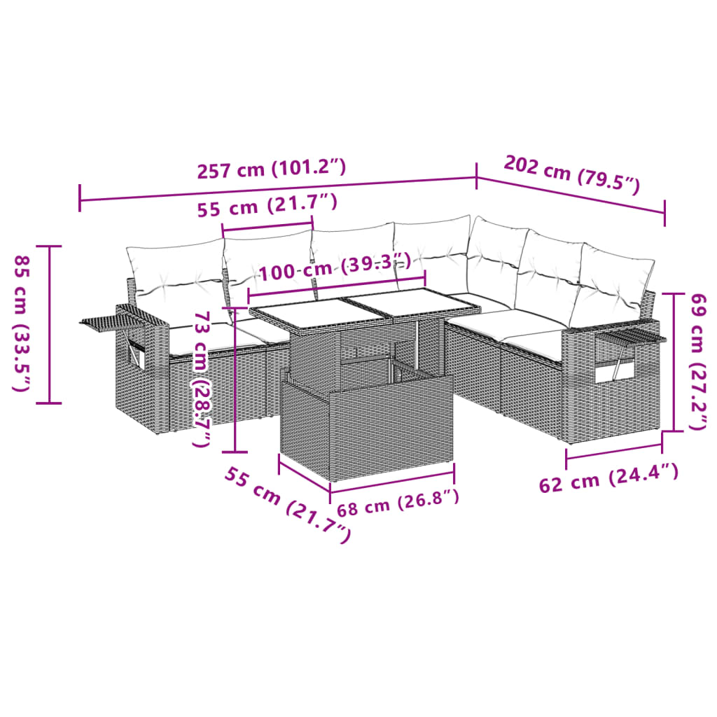 7-tlg. Garten-Sofagarnitur mit Kissen Braun Poly Rattan