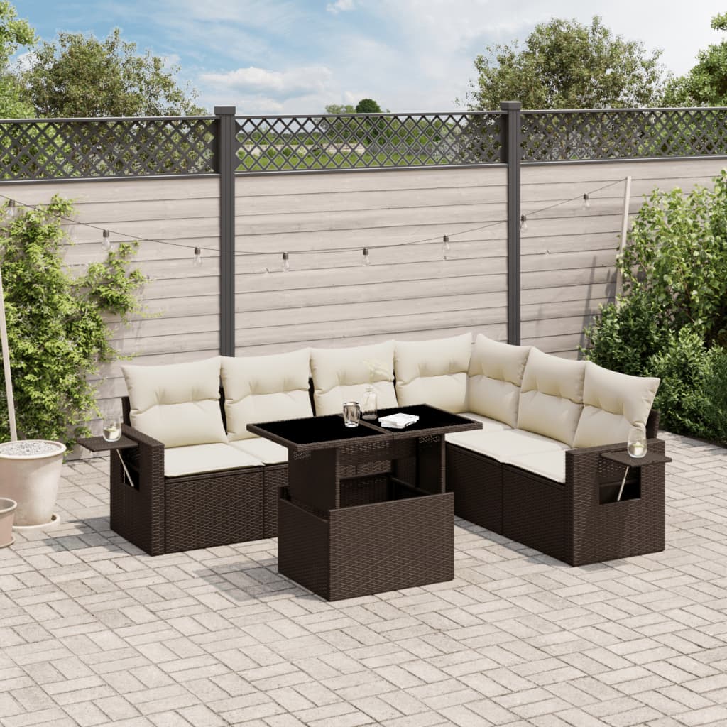 7-tlg. Garten-Sofagarnitur mit Kissen Braun Poly Rattan