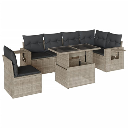 7-tlg. Garten-Sofagarnitur mit Kissen Hellgrau Poly Rattan