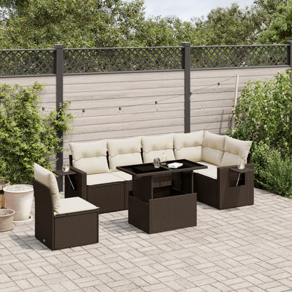 7-tlg. Garten-Sofagarnitur mit Kissen Braun Poly Rattan