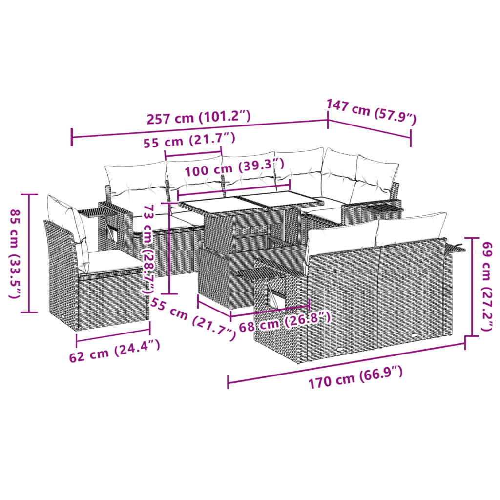 9-tlg. Garten-Sofagarnitur mit Kissen Beige Poly Rattan