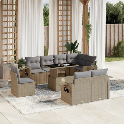 9-tlg. Garten-Sofagarnitur mit Kissen Beige Poly Rattan