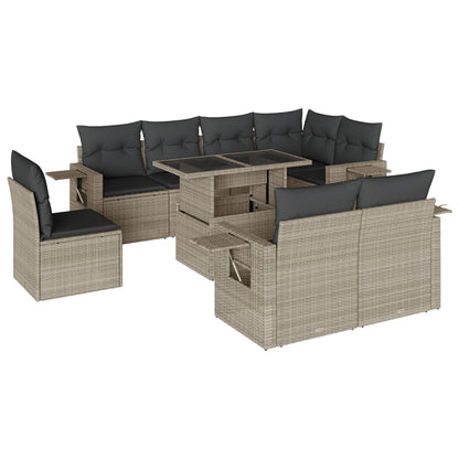 9-tlg. Garten-Sofagarnitur mit Kissen Hellgrau Poly Rattan