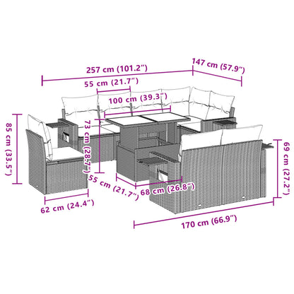 9-tlg. Garten-Sofagarnitur mit Kissen Hellgrau Poly Rattan