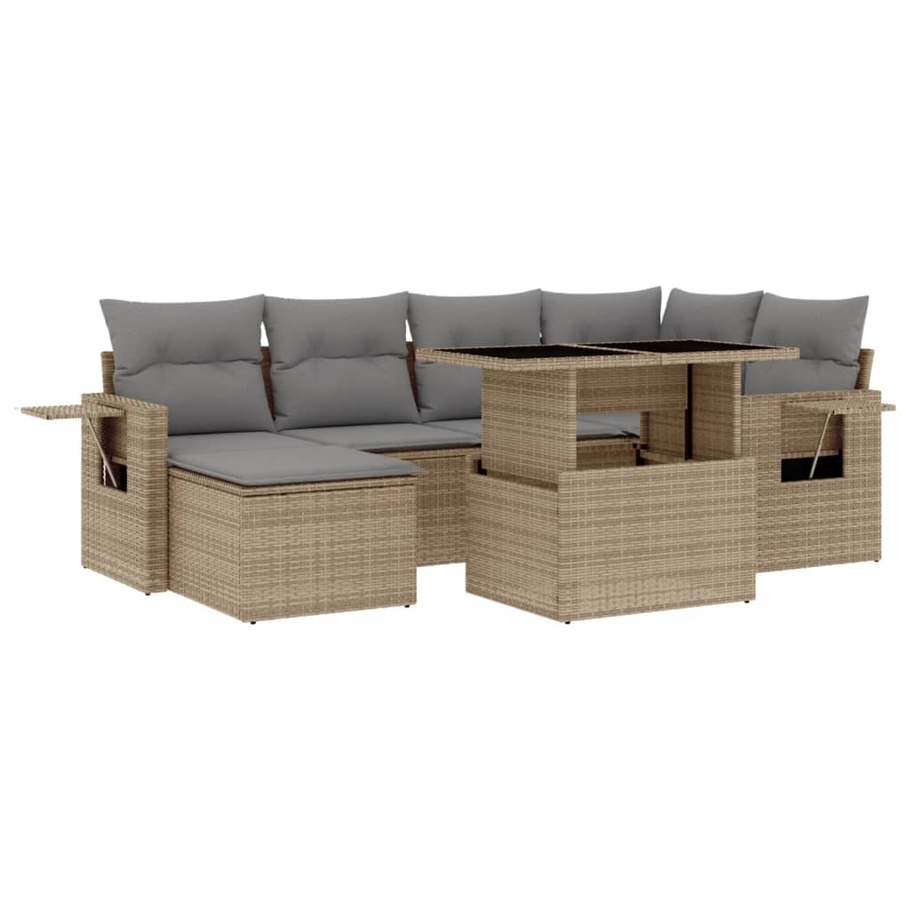 7-tlg. Garten-Sofagarnitur mit Kissen Beige Poly Rattan