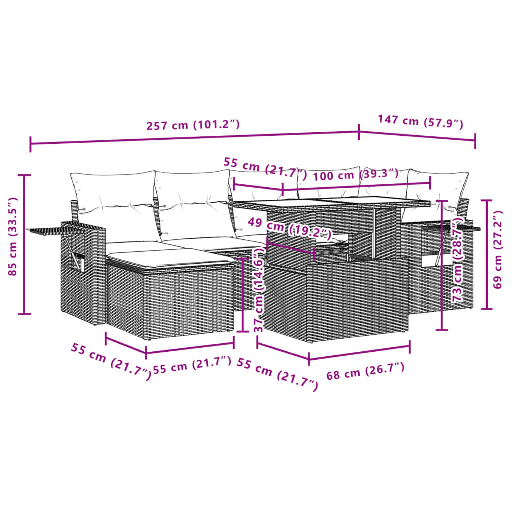 7-tlg. Garten-Sofagarnitur mit Kissen Hellgrau Poly Rattan