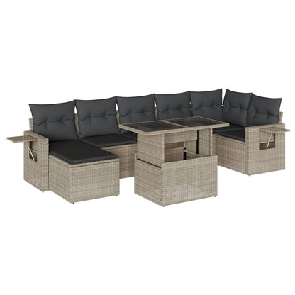 8-tlg. Garten-Sofagarnitur mit Kissen Hellgrau Poly Rattan