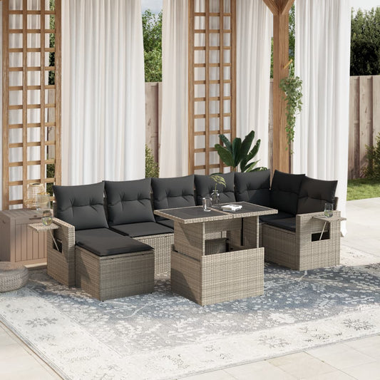 8-tlg. Garten-Sofagarnitur mit Kissen Hellgrau Poly Rattan