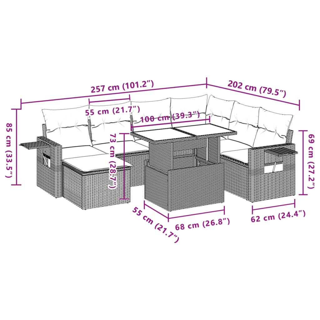 8-tlg. Garten-Sofagarnitur mit Kissen Hellgrau Poly Rattan