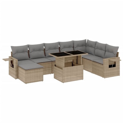 9-tlg. Garten-Sofagarnitur mit Kissen Beige Poly Rattan