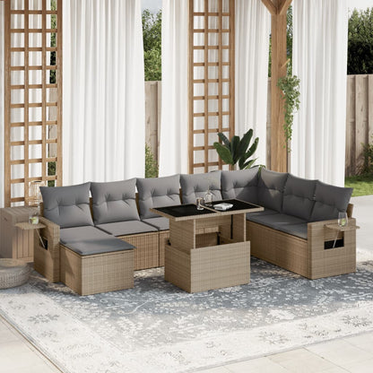 9-tlg. Garten-Sofagarnitur mit Kissen Beige Poly Rattan