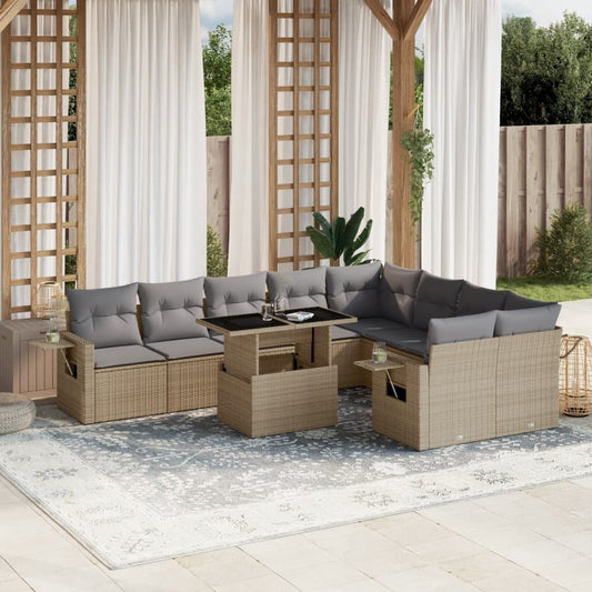 10-tlg. Garten-Sofagarnitur mit Kissen Beige Poly Rattan