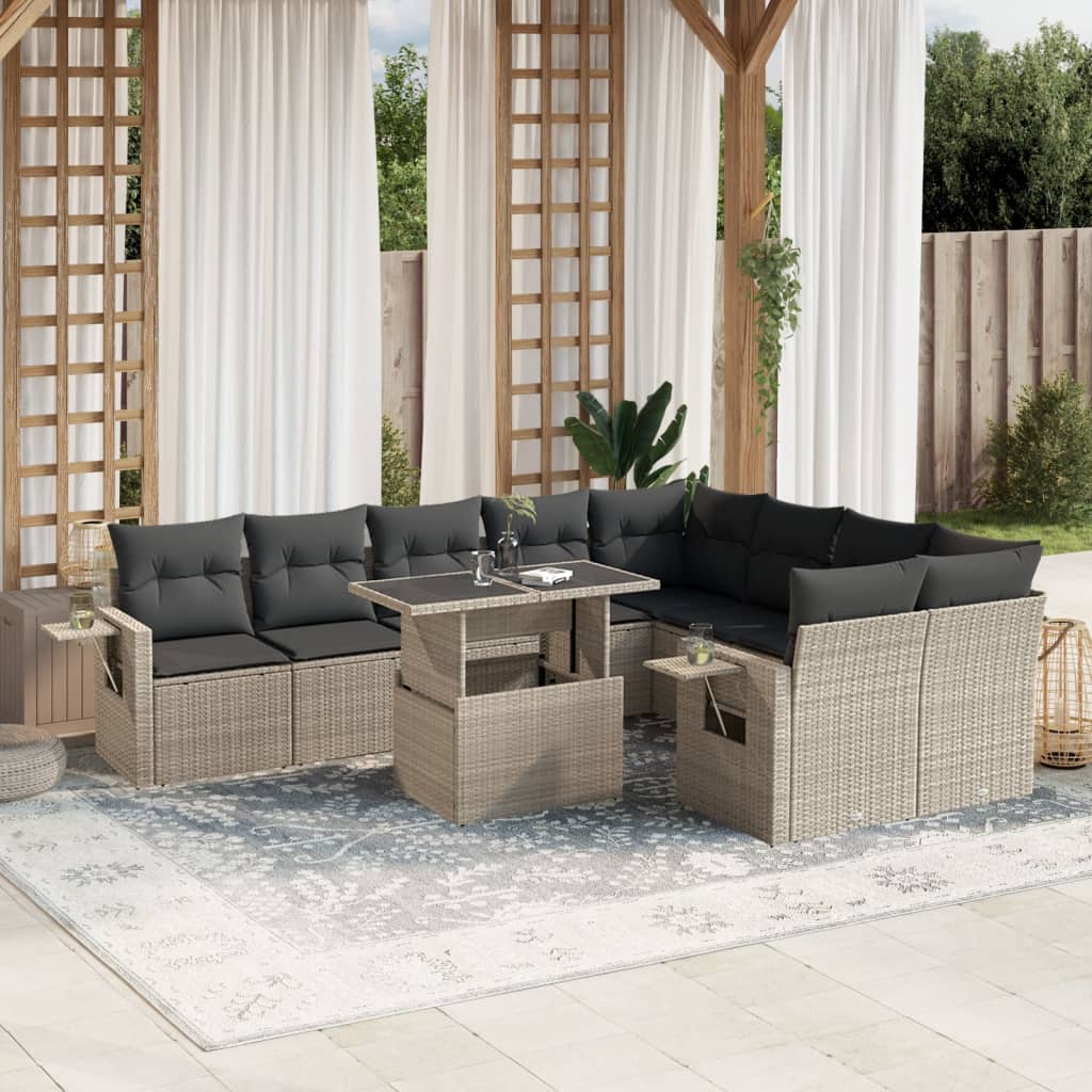 10-tlg. Garten-Sofagarnitur mit Kissen Hellgrau Poly Rattan