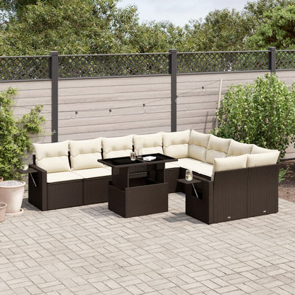 10-tlg. Garten-Sofagarnitur mit Kissen Braun Poly Rattan