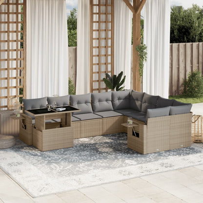 10-tlg. Garten-Sofagarnitur mit Kissen Beige Poly Rattan