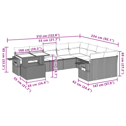 10-tlg. Garten-Sofagarnitur mit Kissen Braun Poly Rattan