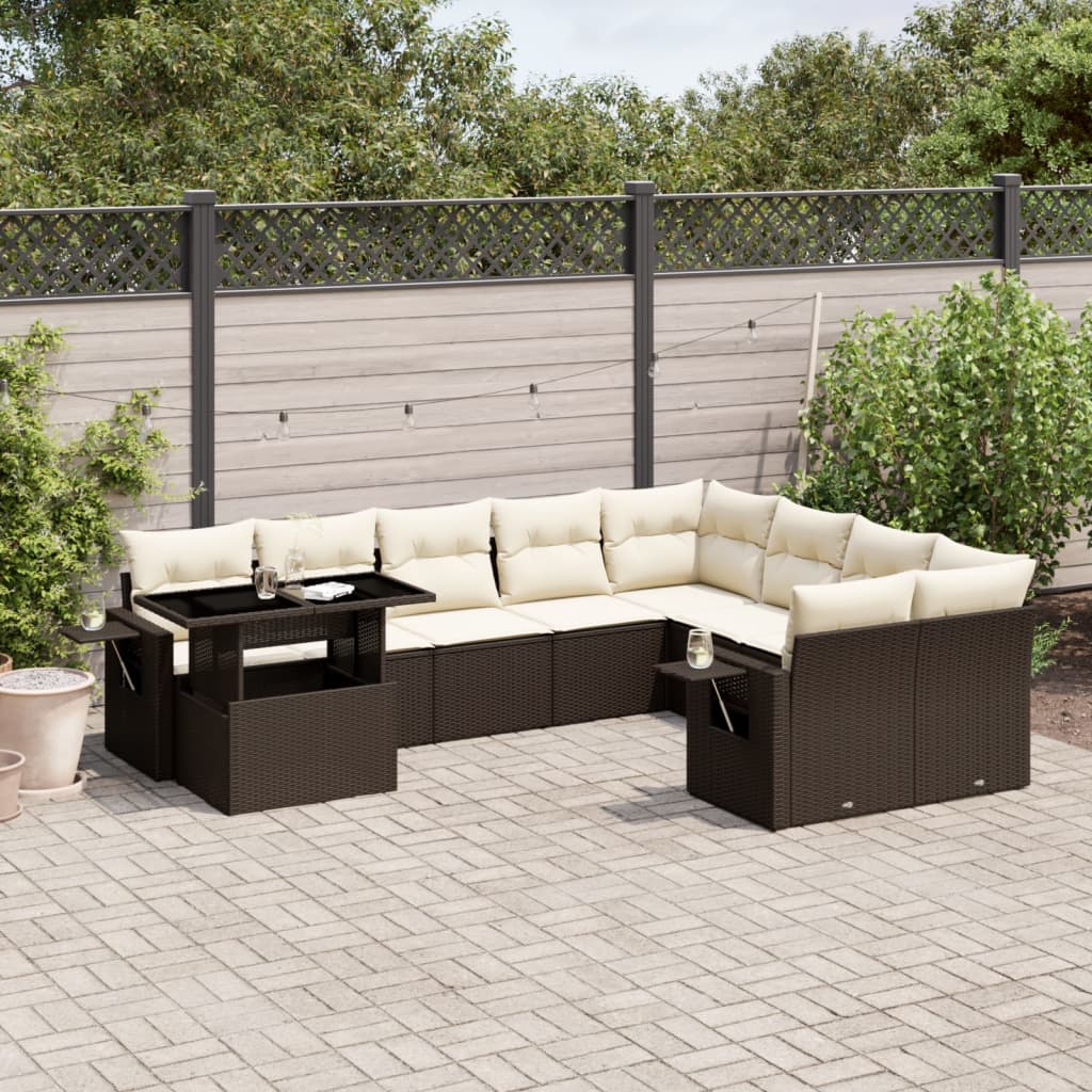 10-tlg. Garten-Sofagarnitur mit Kissen Braun Poly Rattan