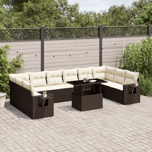 11-tlg. Garten-Sofagarnitur mit Kissen Braun Poly Rattan