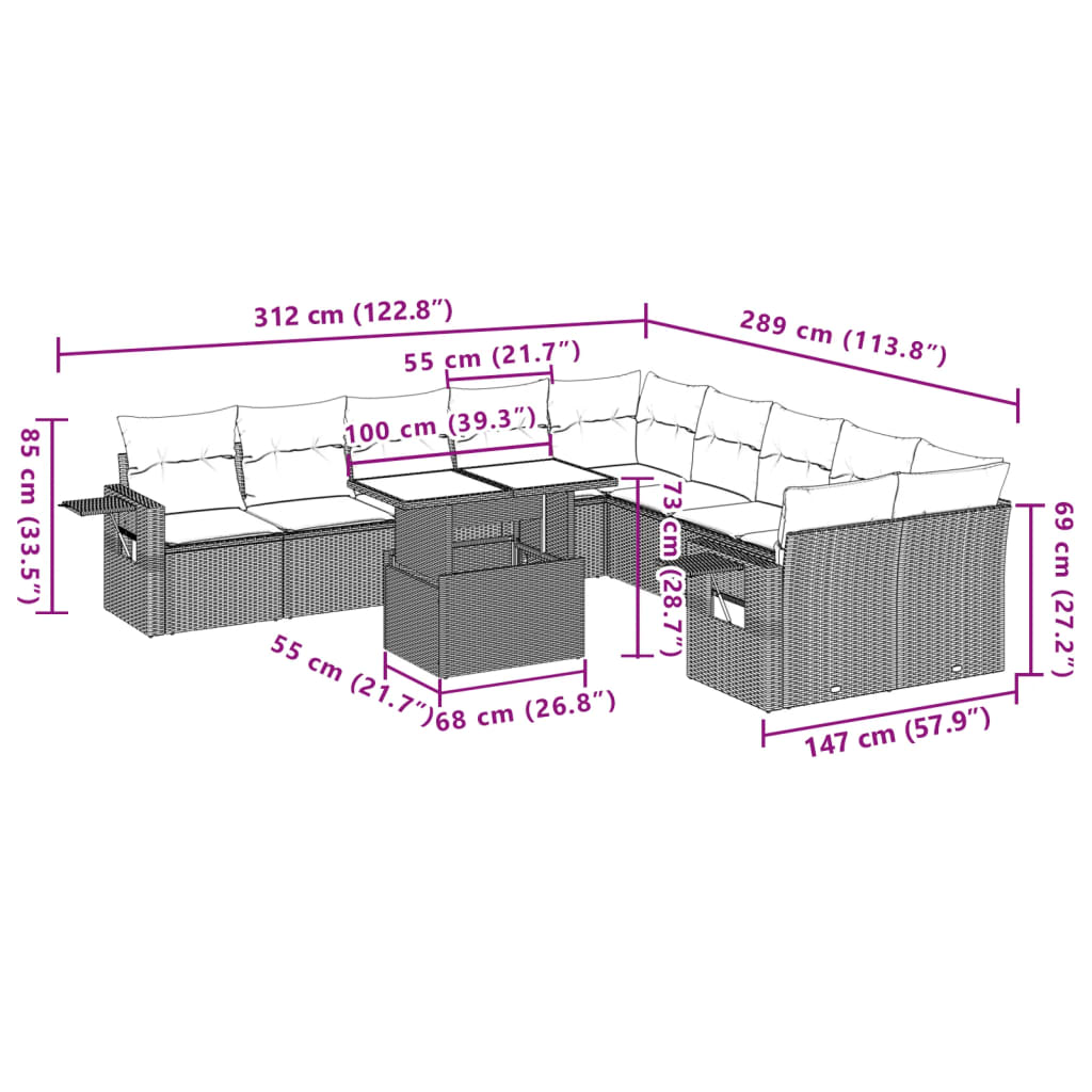 11-tlg. Garten-Sofagarnitur mit Kissen Hellgrau Poly Rattan