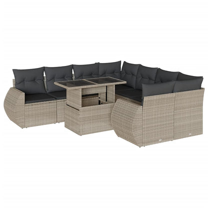 9-tlg. Garten-Sofagarnitur mit Kissen Hellgrau Poly Rattan