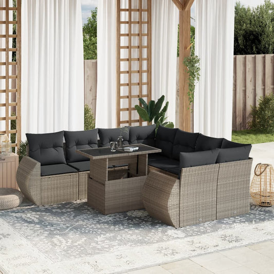 9-tlg. Garten-Sofagarnitur mit Kissen Hellgrau Poly Rattan