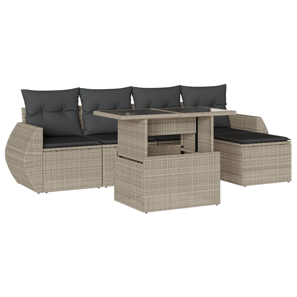 6-tlg. Garten-Sofagarnitur mit Kissen Hellgrau Poly Rattan