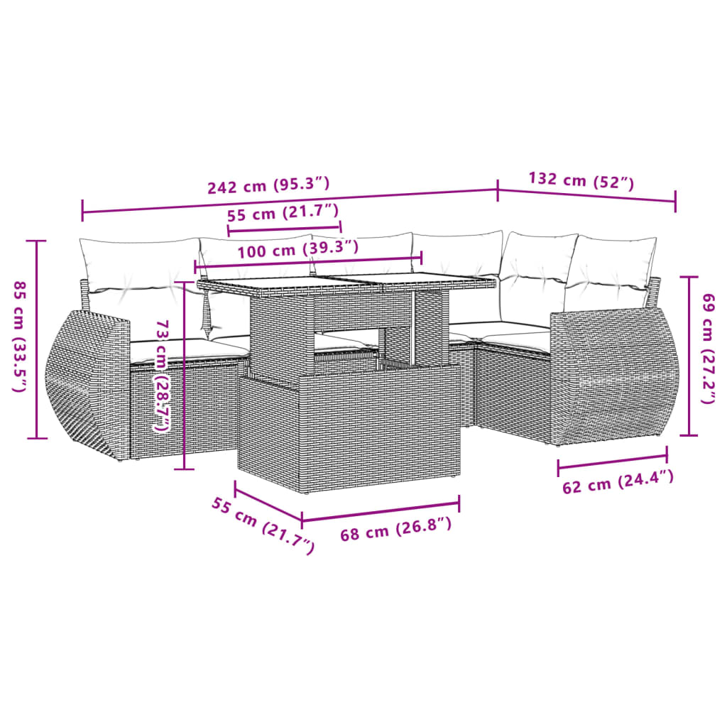 6-tlg. Garten-Sofagarnitur mit Kissen Hellgrau Poly Rattan