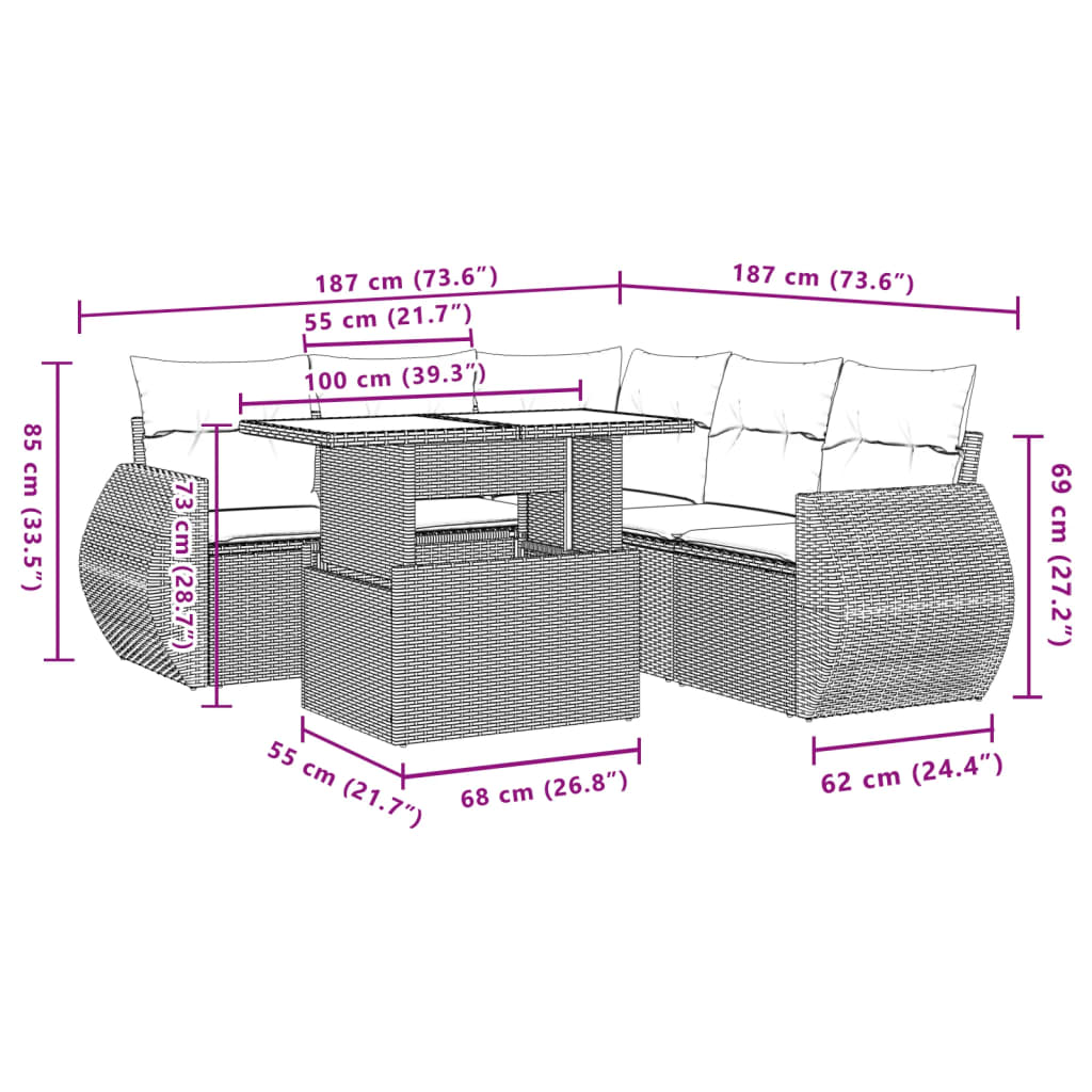 6-tlg. Garten-Sofagarnitur mit Kissen Hellgrau Poly Rattan