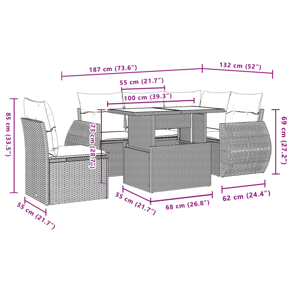 6-tlg. Garten-Sofagarnitur mit Kissen Hellgrau Poly Rattan