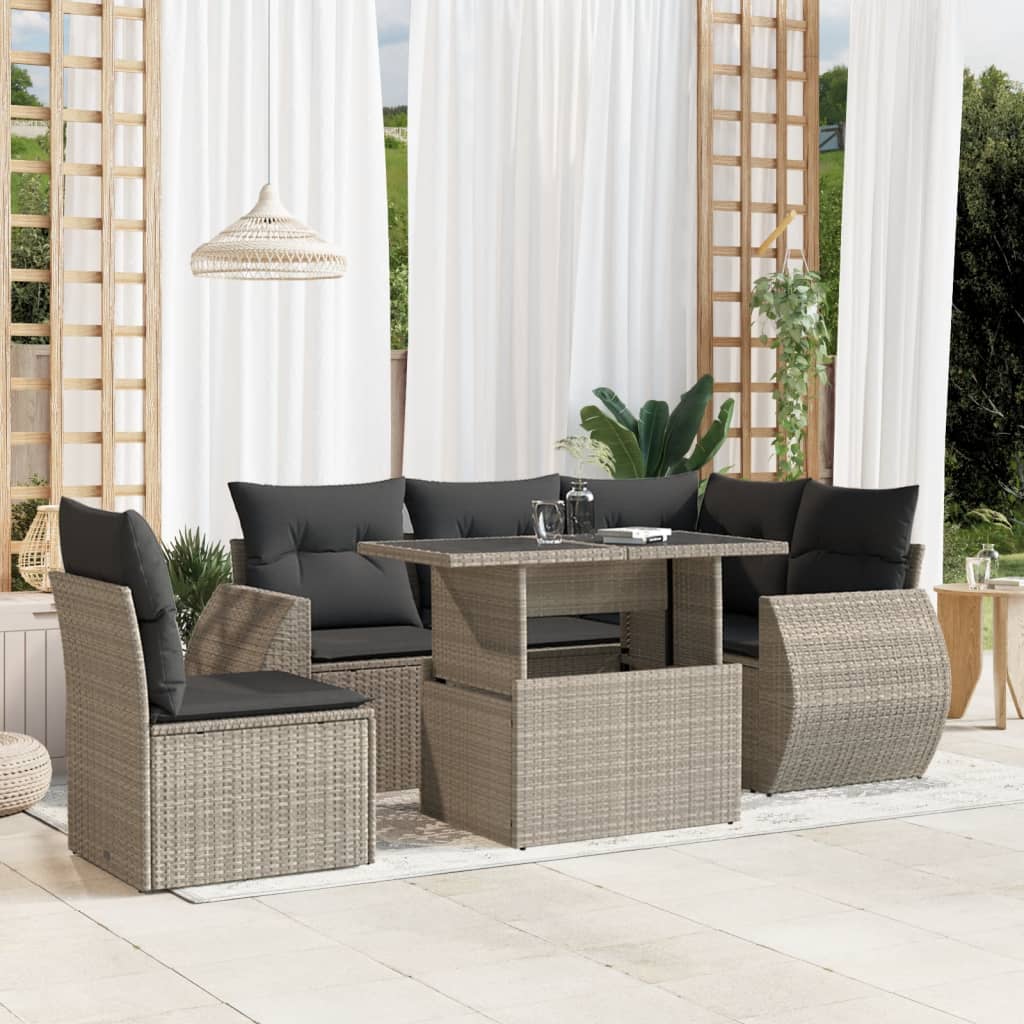 6-tlg. Garten-Sofagarnitur mit Kissen Hellgrau Poly Rattan